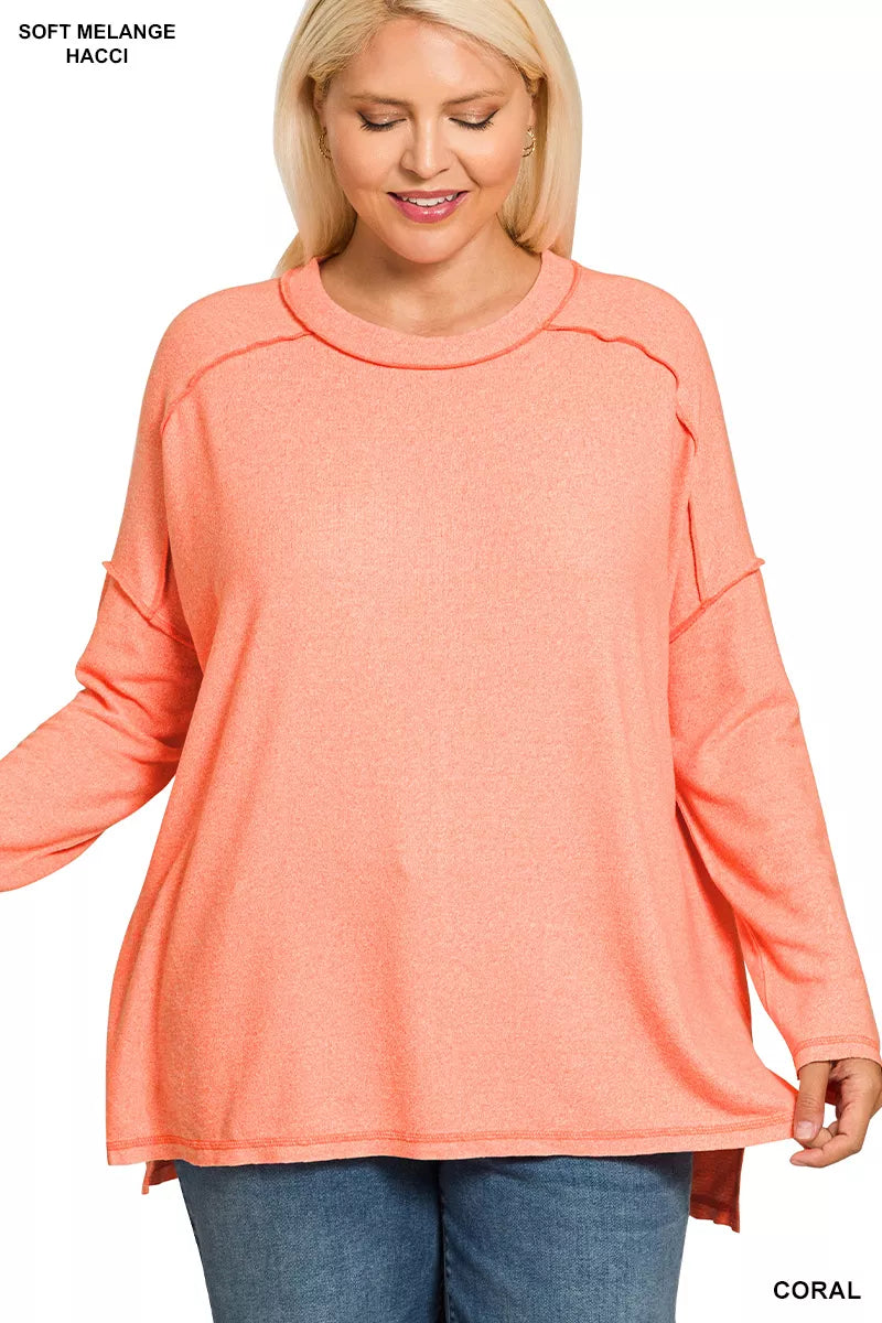 Zenana Full Size Melange Hacci Exposed Seam Hi-low Tee Plus Size - Tigbul's Variety Fashion Shop