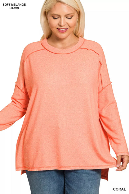 Zenana Full Size Melange Hacci Exposed Seam Hi-low Tee Plus Size - Tigbul's Variety Fashion Shop