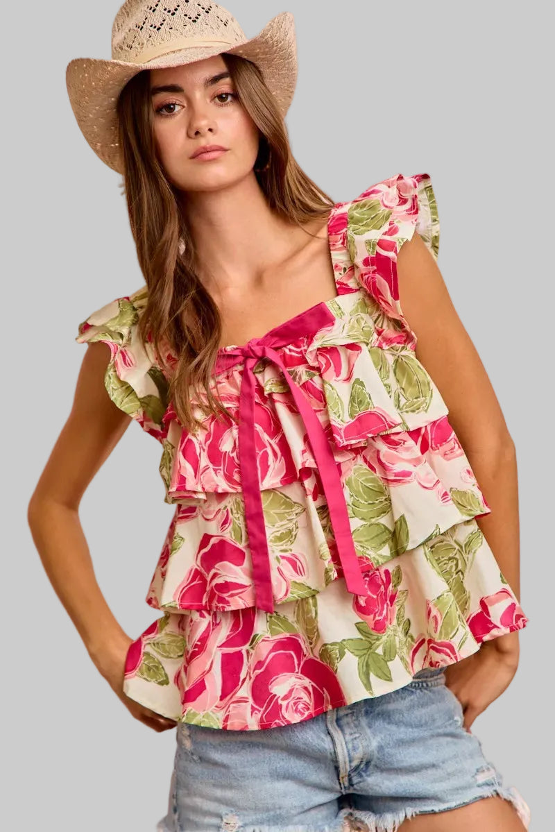 Pink Floral Print Woven Bow Tie Ruffle Square Neck Top | Tigbuls