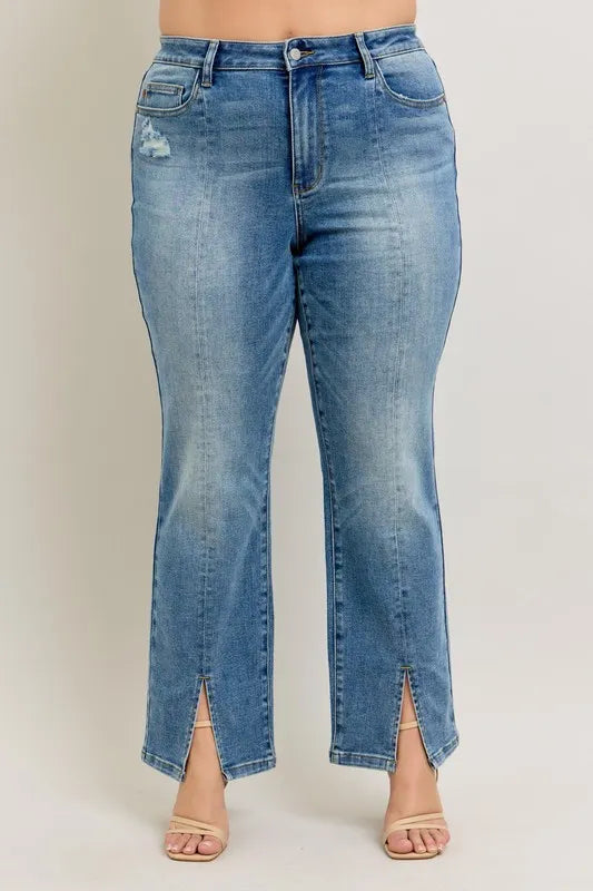 Judy Blue Full Size High Waist Vintage Wash Front Seam & Slit Straight Plus Size - Tigbul's Variety Fashion Shop