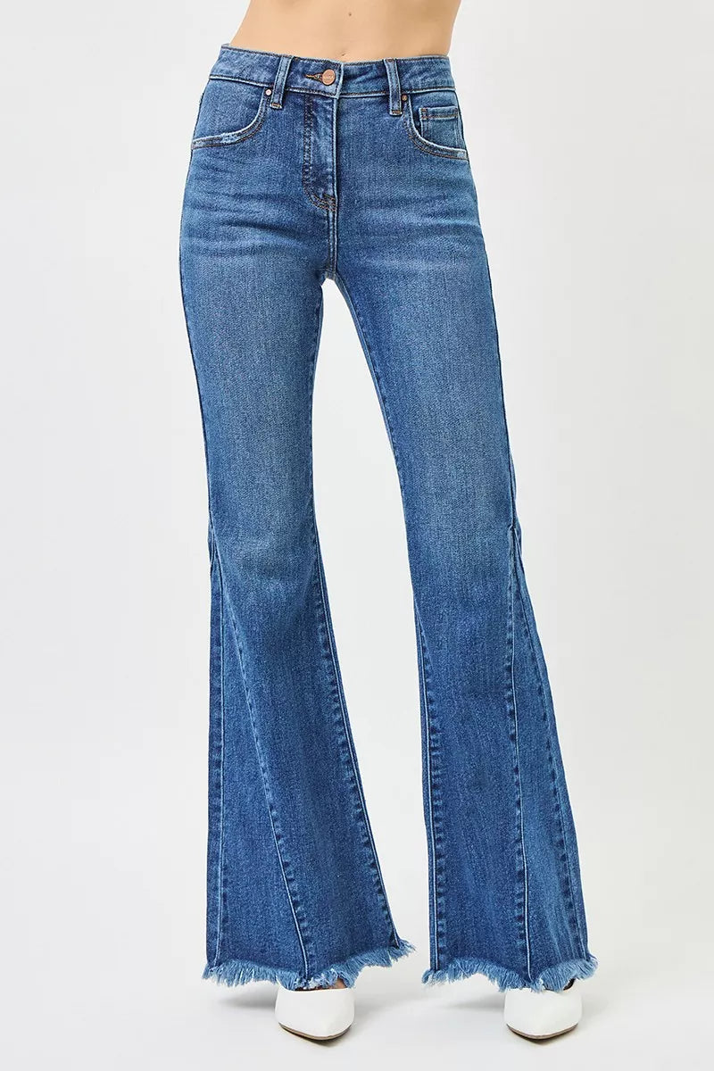 Back view mid-rise flare jeans, dark wash denim, frayed hem edges