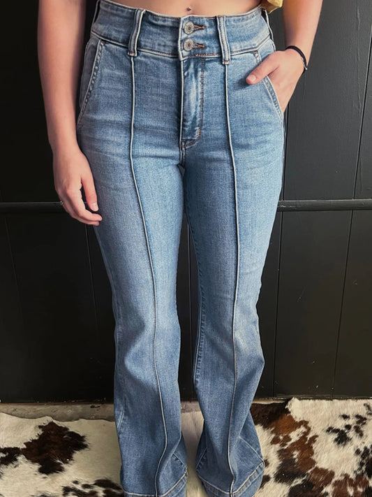 High-Waisted Flare Jeans with Seam Detail - Tigbul's Variety Fashion Shop