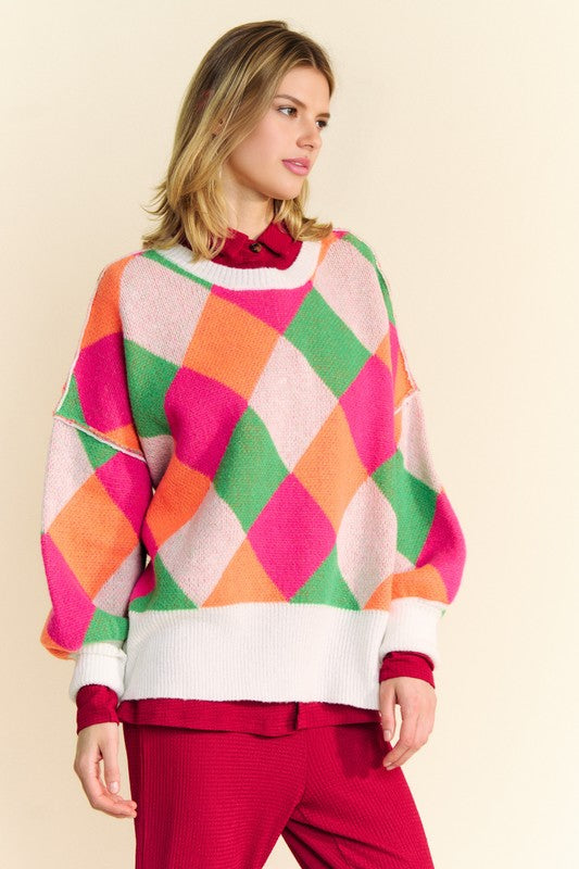 Davi & Dani Exposed Seam Color Block Dropped Shoulder Sweater - Tigbul's Variety Fashion Shop