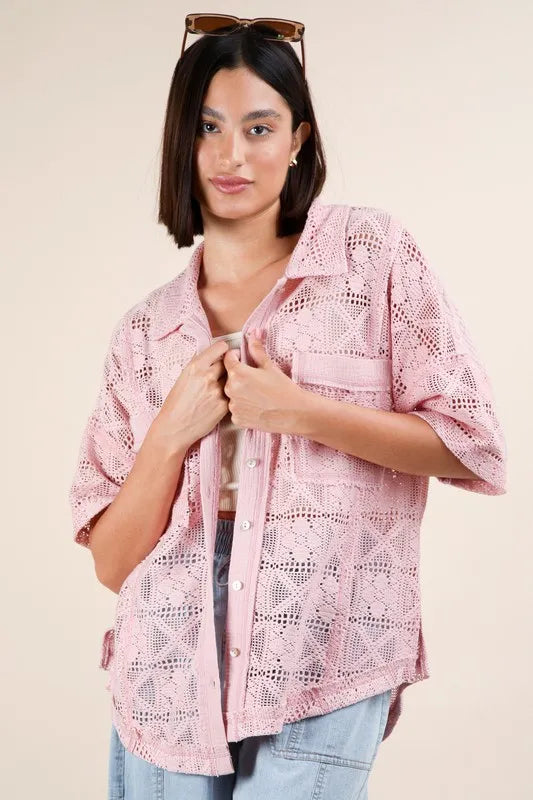 Pink Plus Size Oversized Crochet Button Down Shirt Top - Tigbul's Variety Fashion Shop