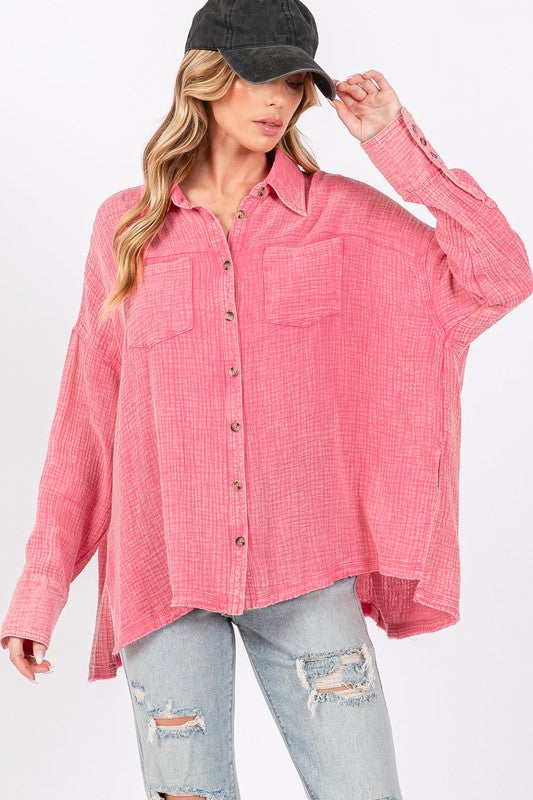 Pink Frayed Hem Side Slit Button Down Shirt - Tigbul's Variety Fashion Shop