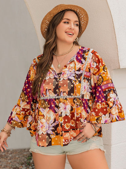 Plus Size Printed Tie Neck Blouse - Tigbul's Variety Fashion Shop