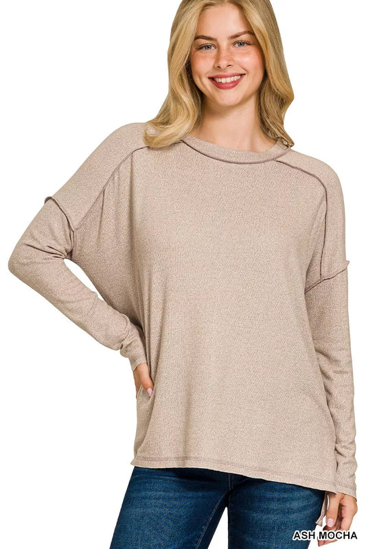 Zenana Full Size Melange Hacci Exposed Seam Hi-low Tee Plus Size - Tigbul's Variety Fashion Shop