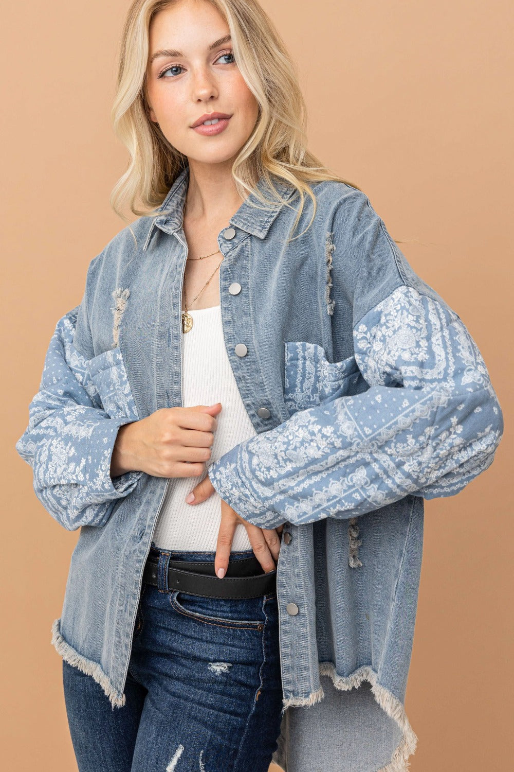 And The Why Full Size Paisley Print Quilted Sleeves Denim Jacket - Tigbul's Variety Fashion Shop