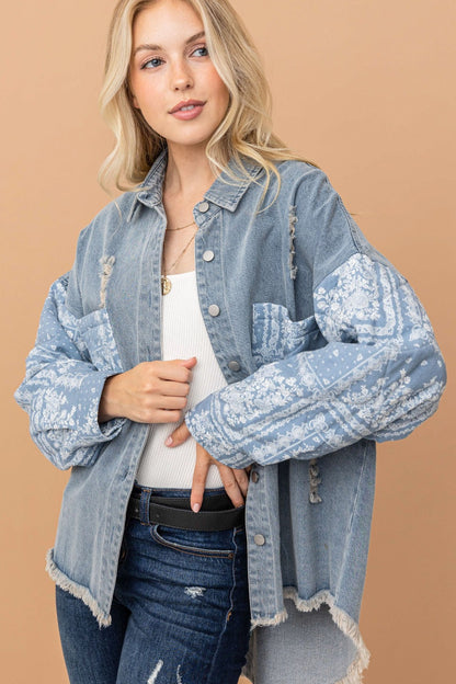 And The Why Full Size Paisley Print Quilted Sleeves Denim Jacket - Tigbul's Variety Fashion Shop