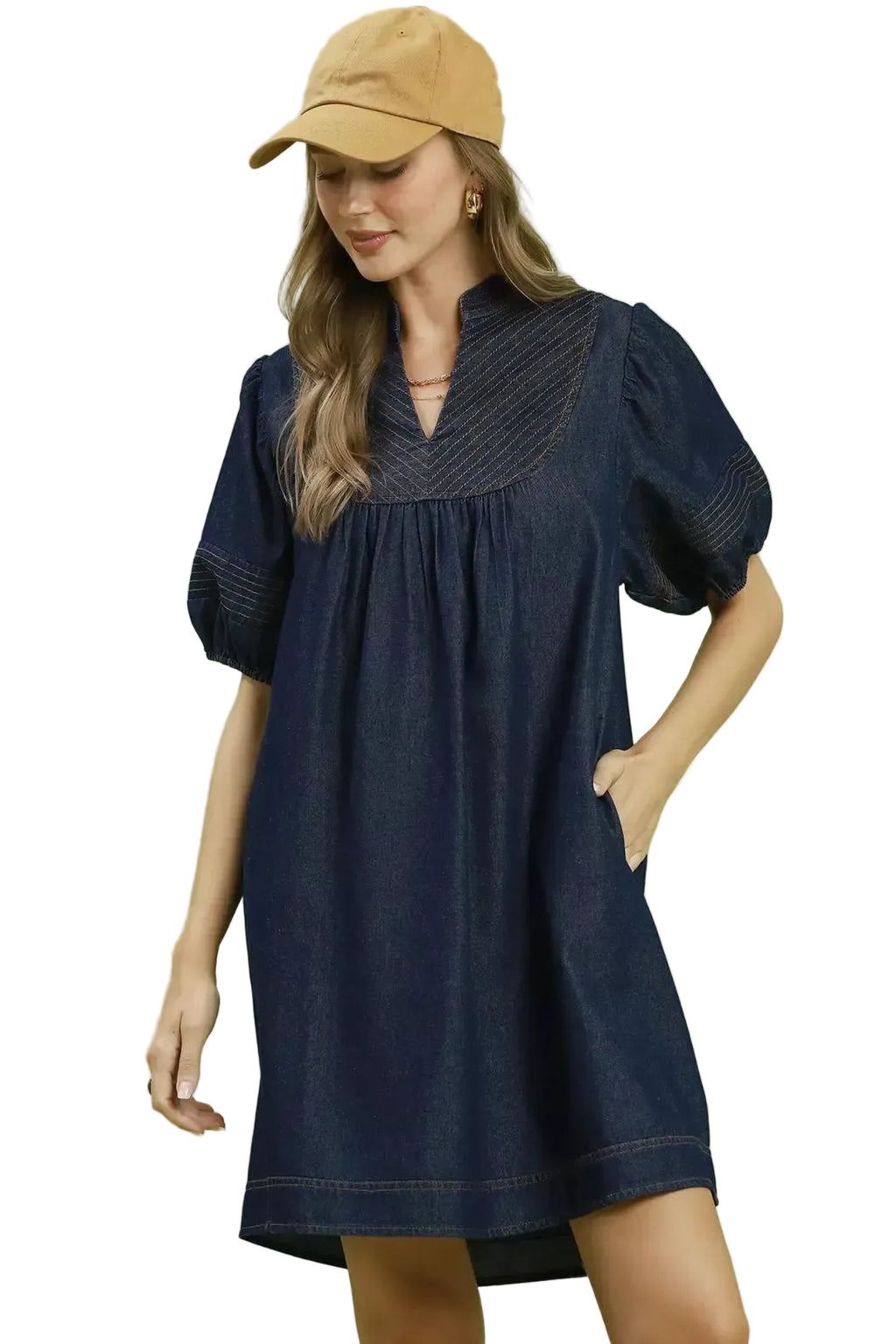 Trendsi indigo blue mini dress with puff sleeves and side pockets