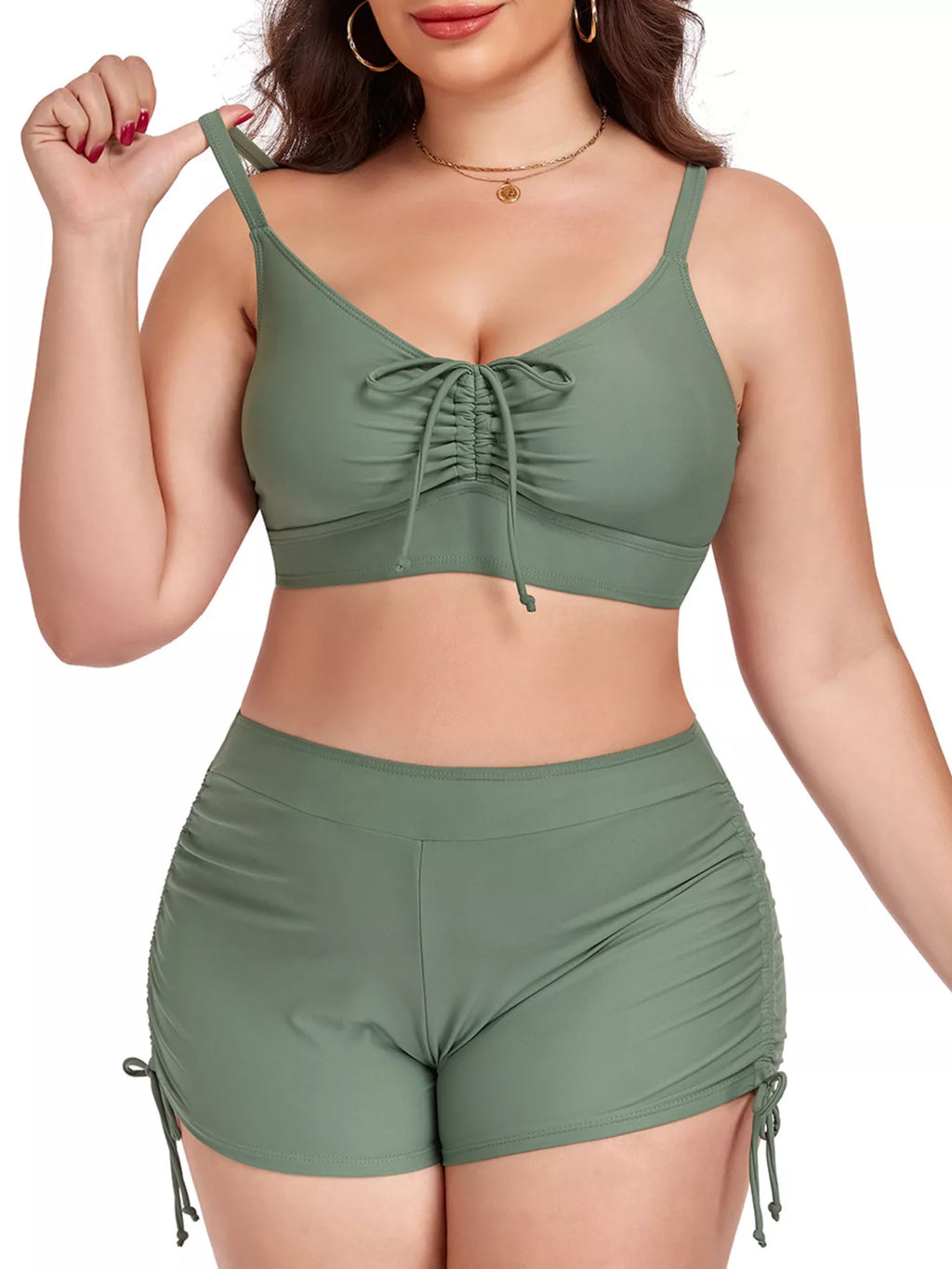 Army green plus size ruched swim set with drawstring bikini top and ruched shorts