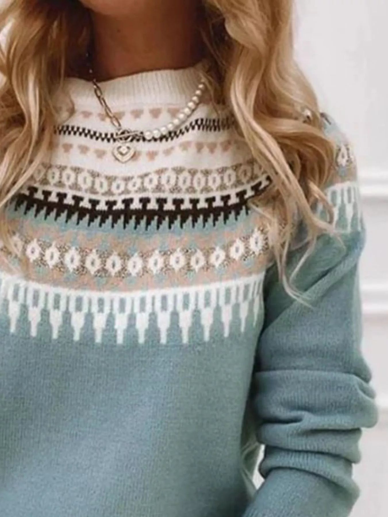 Full Size Vintage Patterned Round Neck Sweater Plus Size - Tigbul's Variety Fashion Shop