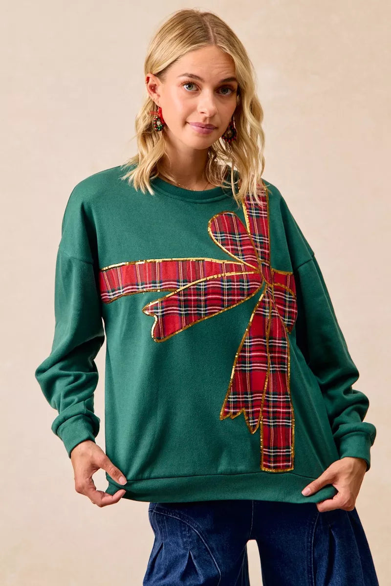 Plaid Ribbon Bow Detail Christmas Fleece Pullover Sweater - Tigbul's Variety Fashion Shop