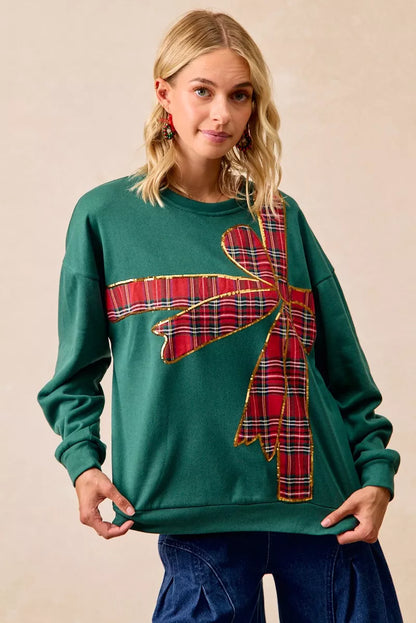 Plaid Ribbon Bow Detail Christmas Fleece Pullover Sweater - Tigbul's Variety Fashion Shop