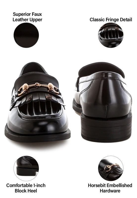 Black loafers: faux leather upper, classic fringe, 1-inch block heel, horsebit hardware