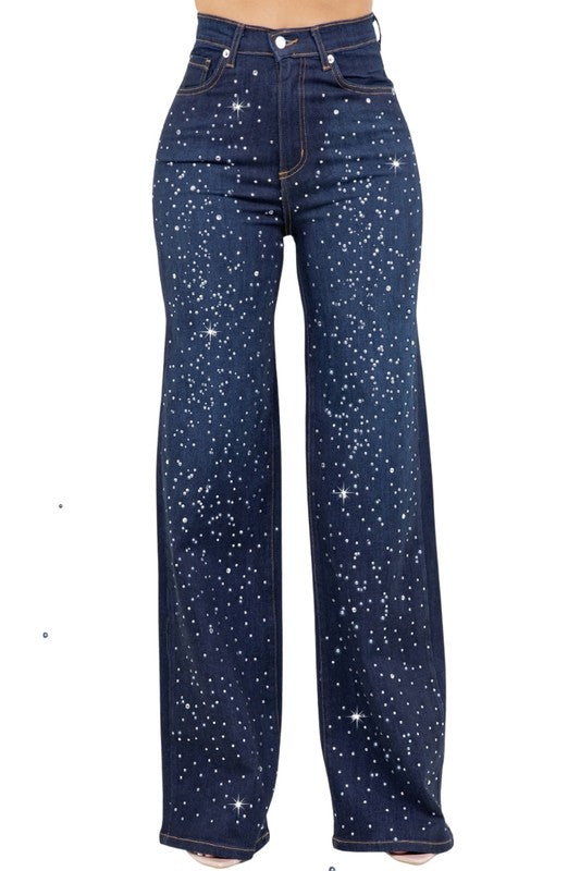 Olivia Rhinestone Wide Leg Jean - Tigbul's Variety Fashion Shop