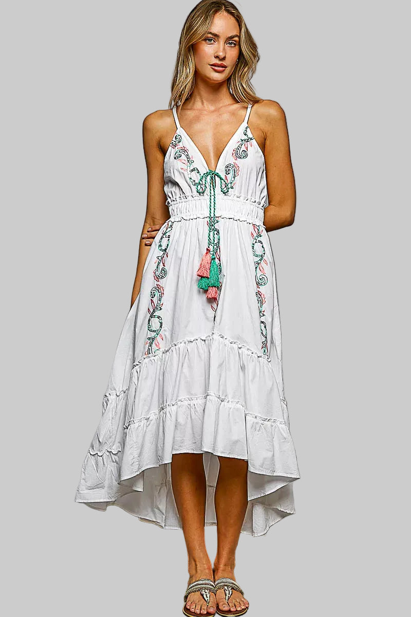Embroidered Detail Tassel Tie Smocked Waist Midi Tiered Cami Dress | Tigbuls