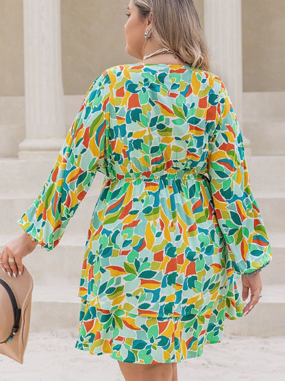 Plus Size Printed Surplice Long Sleeve Mini Dress - Tigbul's Variety Fashion Shop