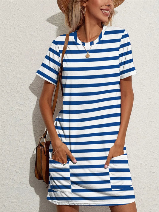 Contrast Striped Round Neck Short Sleeve Dress - Tigbul's Variety Fashion Shop