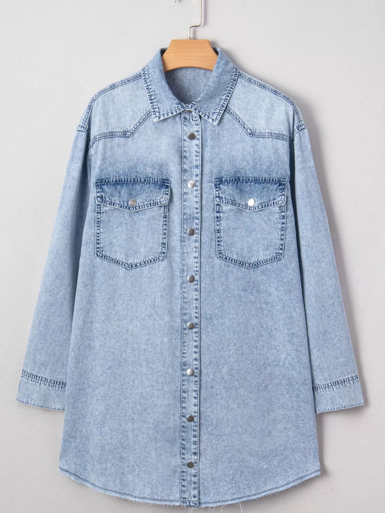 Chest Pocket Raw Hem Denim Loose Shirt Dress - Tigbul's Variety Fashion Shop