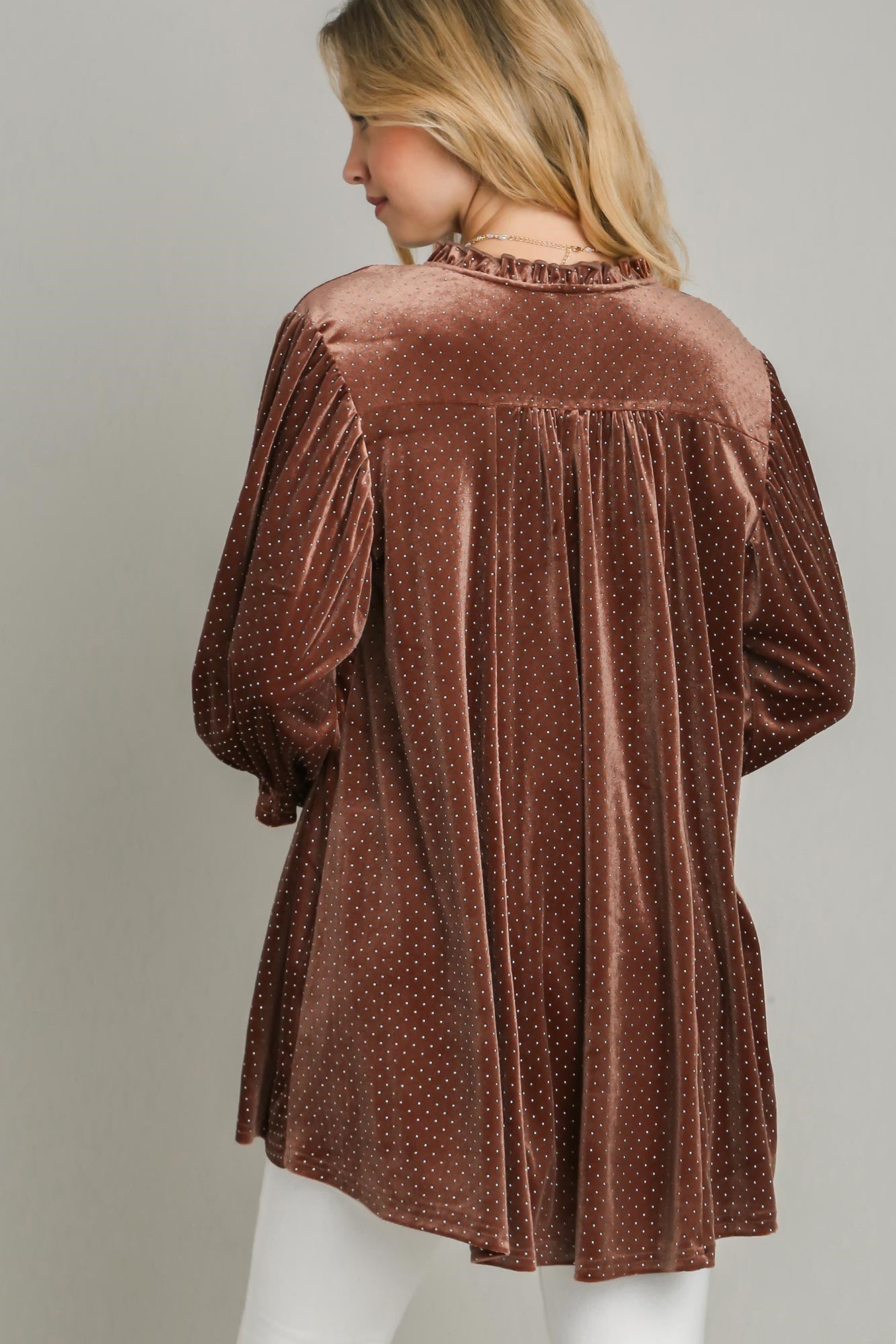 Beaded Brown Velvet Babydoll Blouse - Tigbul's Variety Fashion Shop