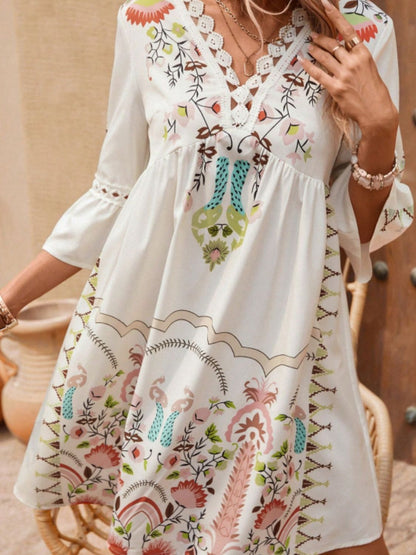 Lace Detail Printed Three-Quarter Sleeve Dress - Tigbul's Variety Fashion Shop