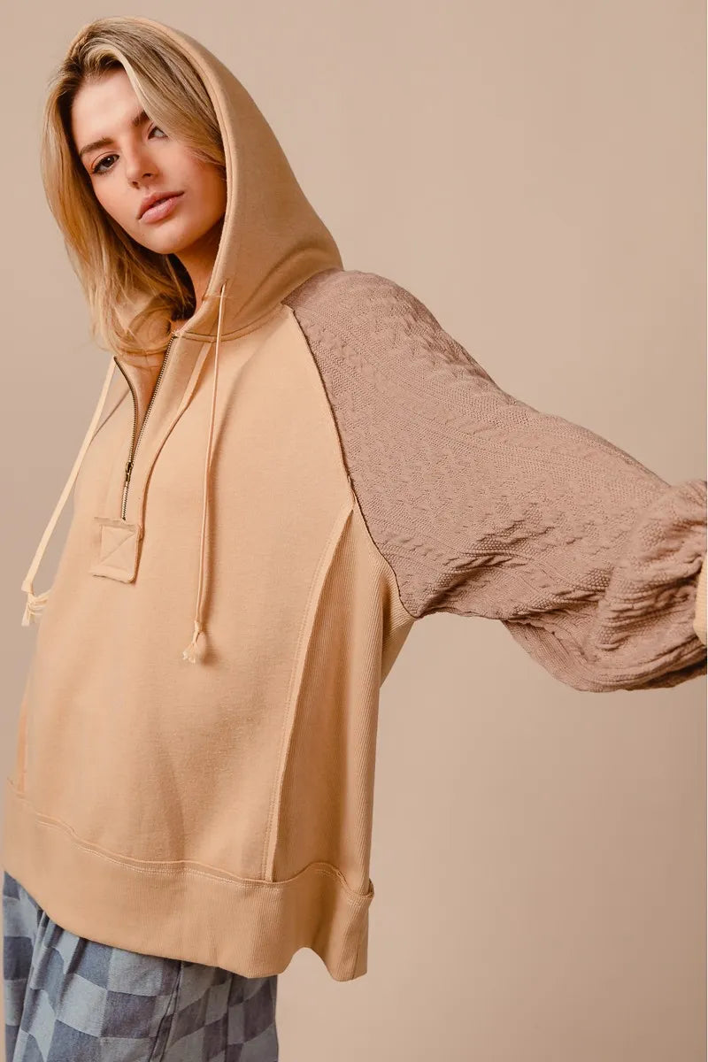 BiBi Half Zip French Terry Hoodie with Kint Sleeves - Tigbul's Variety Fashion Shop
