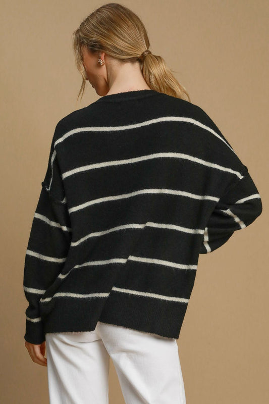 Wool Blend Striped Round Neck Sweater - Tigbul's Variety Fashion Shop