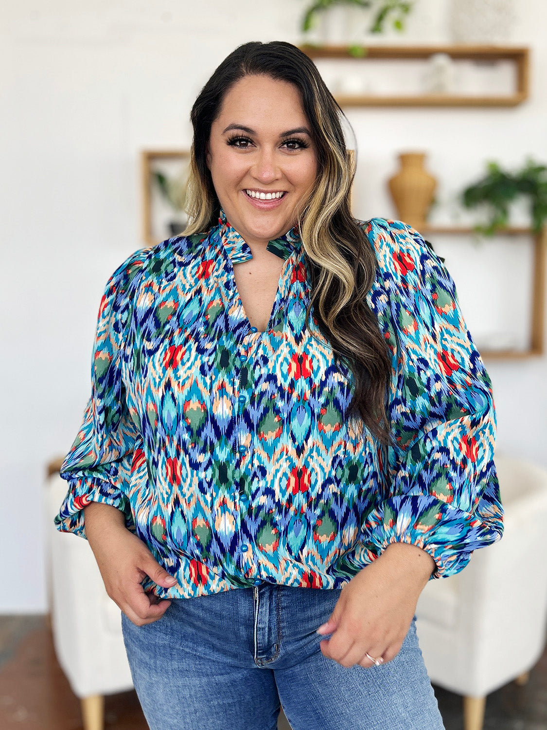 Blue Printed Balloon Sleeve Blouse Small up to 3XL - Tigbul's Variety Fashion Shop