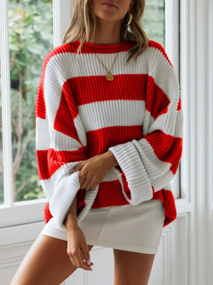 Full Size Contrast Striped Round Neck Sweater Plus Size - Tigbul's Variety Fashion Shop
