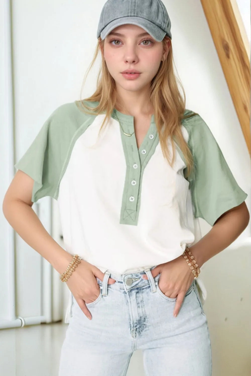 Color Block Raglan Short Sleeve Half Buttons High Low T Shirt - Tigbul's Variety Fashion Shop