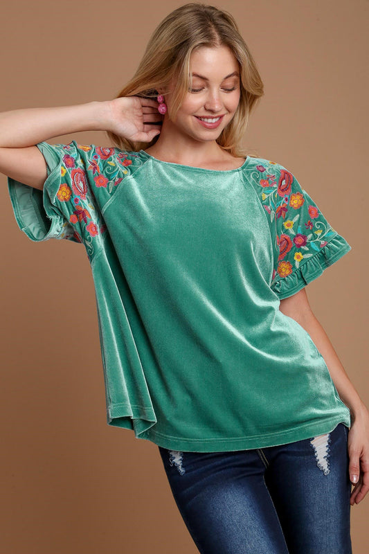 Umgee Velvet Embroidery Short Sleeve Blouse - Tigbul's Variety Fashion Shop