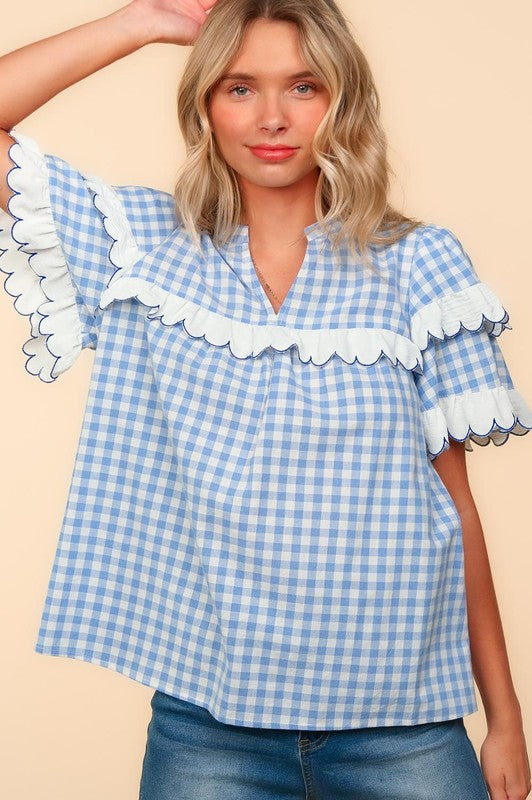 Haptics Full Size Plaid Scallop Hem Notched Short Sleeve Blouse - Tigbul's Variety Fashion Shop