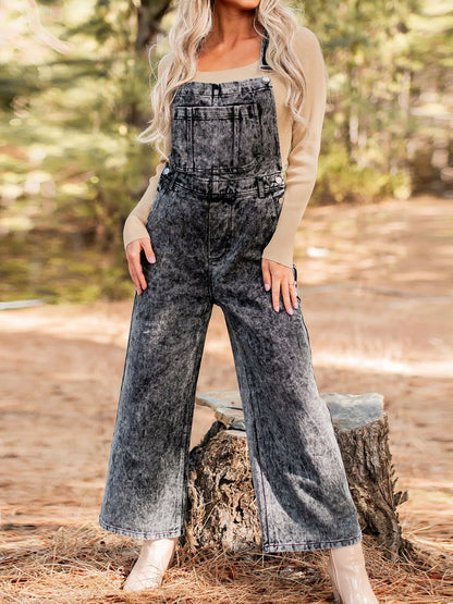 Vintage Washed Wide Leg Denim Overalls with Front Pockets - Tigbul's Variety Fashion Shop