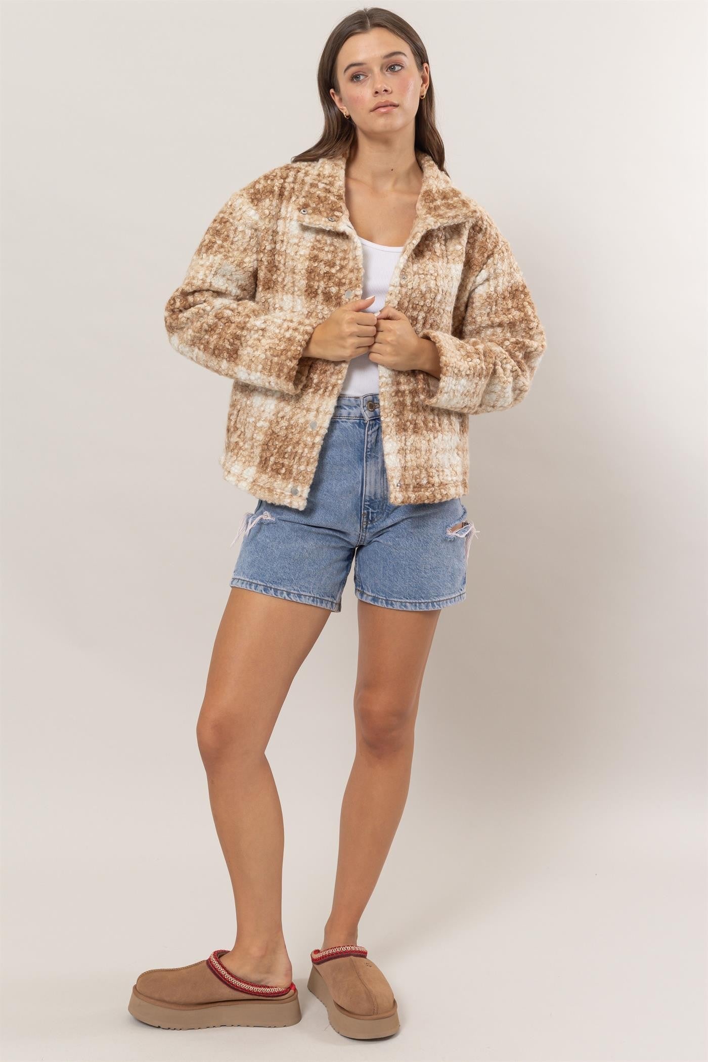 Taupe Plaid Collared Neck Boucle Jacket with Pockets - Tigbul's Variety Fashion Shop