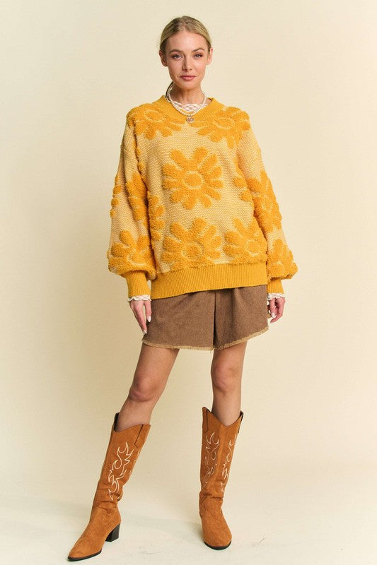 Davi & Dani Flower Texture Round Neck Dropped Shoulder Sweater - Tigbul's Variety Fashion Shop