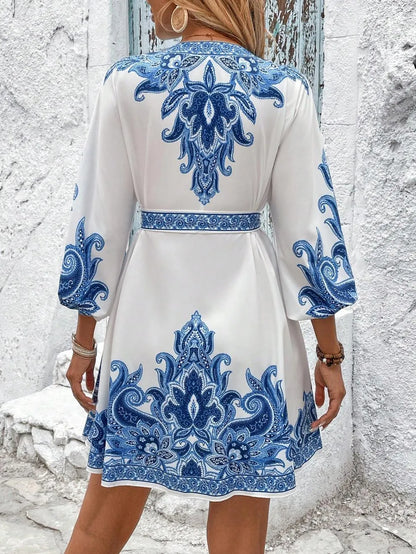 Paisley V-Neck 3/4 Sleeve Mini Dress - Tigbul's Variety Fashion Shop