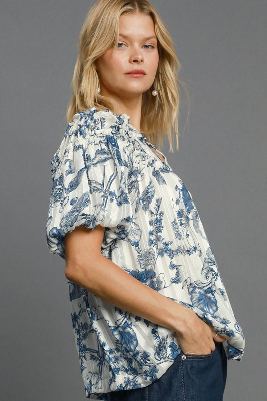 Umgee Full Size Floral Print Metallic Ruffle Blouse Plus Size - Tigbul's Variety Fashion Shop