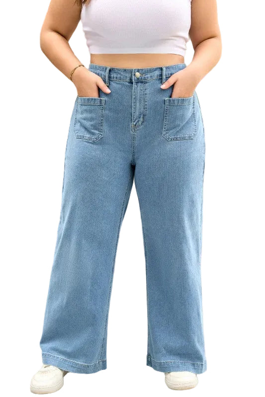 Plus Size Denim Textured Patch Pocket Jeans - Tigbul's Variety Fashion Shop