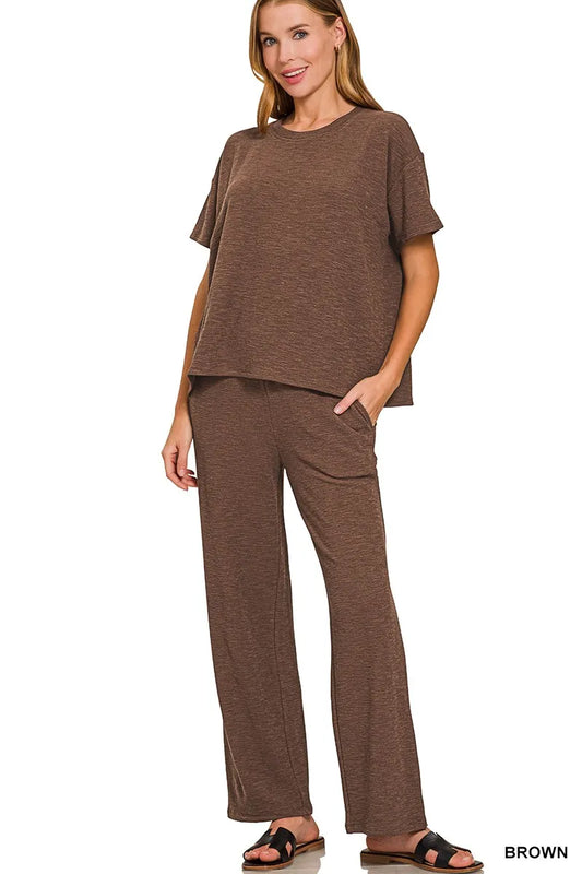 Zenana Slub Short Sleeve T-Shirt and Pants Set - Tigbul's Variety Fashion Shop