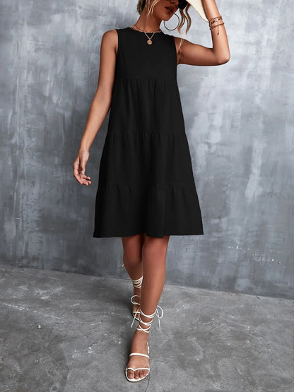 Tiered Round Neck Sleeveless Mini Tank Dress - Tigbul's Variety Fashion Shop