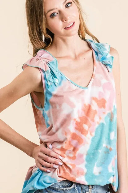 Circular Tie Dye Knit V Neck Top With Ruffle - Tigbul's Variety Fashion Shop