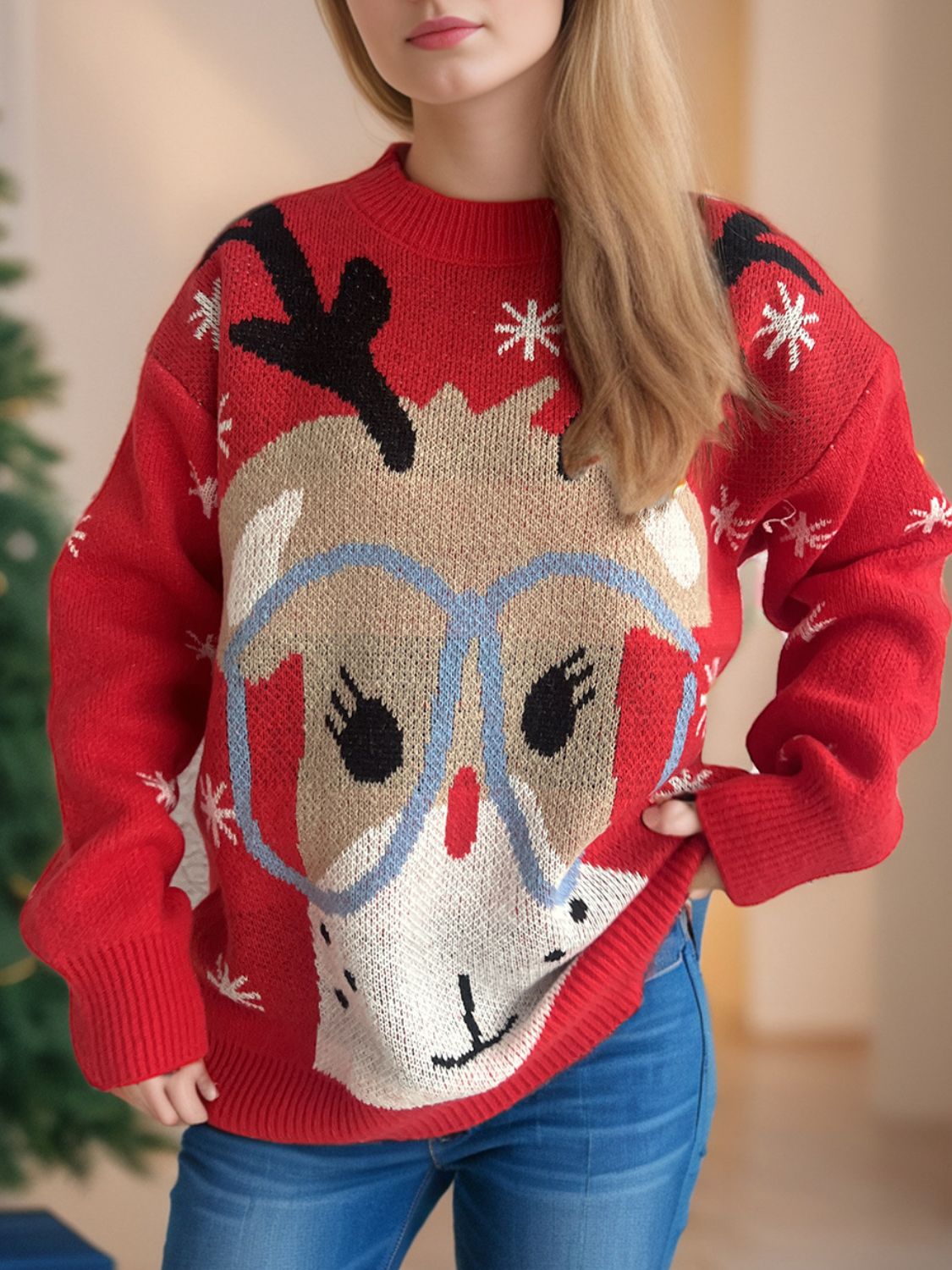 Reindeer Round Neck Dropped Shoulder Sweater - Tigbul's Variety Fashion Shop