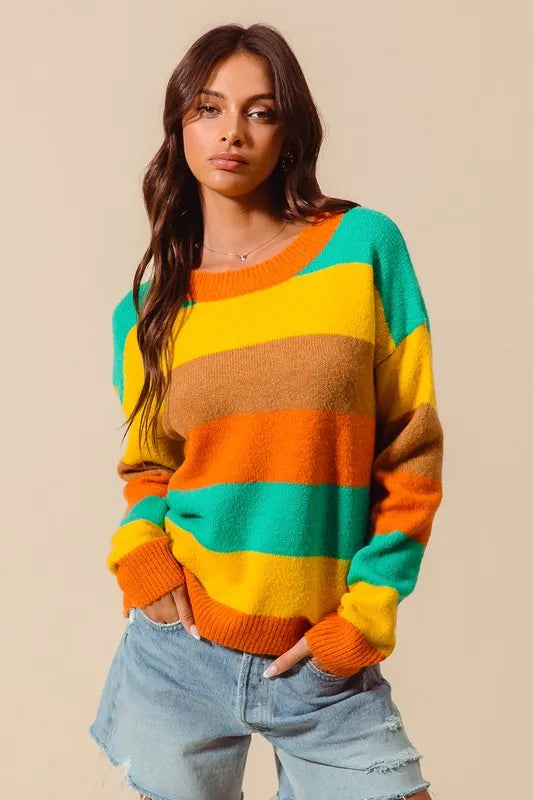 SO ME Multi Color Stripe Sweater with Ribbed Detail - Tigbul's Variety Fashion Shop