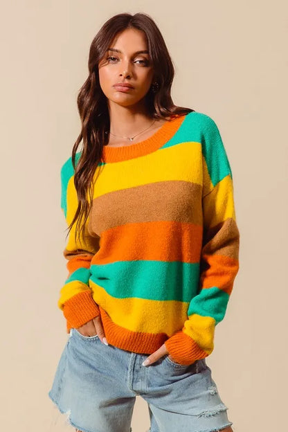 SO ME Multi Color Stripe Sweater with Ribbed Detail - Tigbul's Variety Fashion Shop