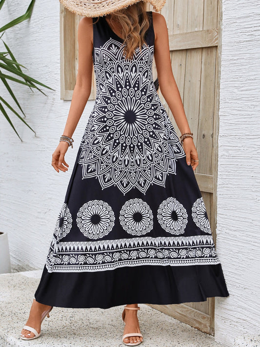 Printed Round Neck Sleeveless Dress - Tigbul's Variety Fashion Shop