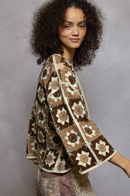 Brown Open Front Cardigan with Varied Patterns | Tigbuls Variety