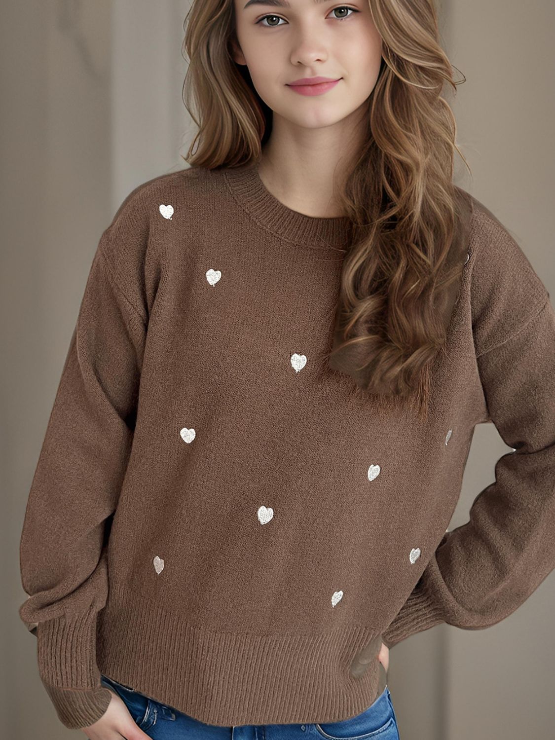 Heart Round Neck Long Sleeve Sweater - Tigbul's Variety Fashion Shop