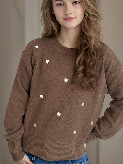 Heart Round Neck Long Sleeve Sweater - Tigbul's Variety Fashion Shop