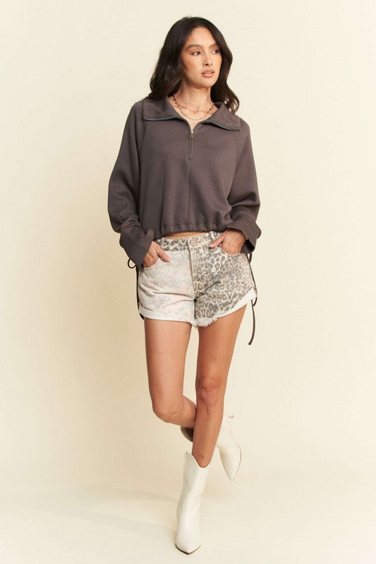 Davi & Dani Drawstring Hem Half Zip Raglan Sleeve Sweatshirt - Tigbul's Variety Fashion Shop